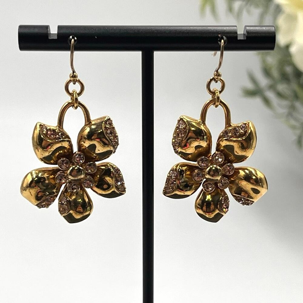 J. Crew Gold Tone Full Bloom‎ Flower Petals Crystal Dangle Drop Earrings